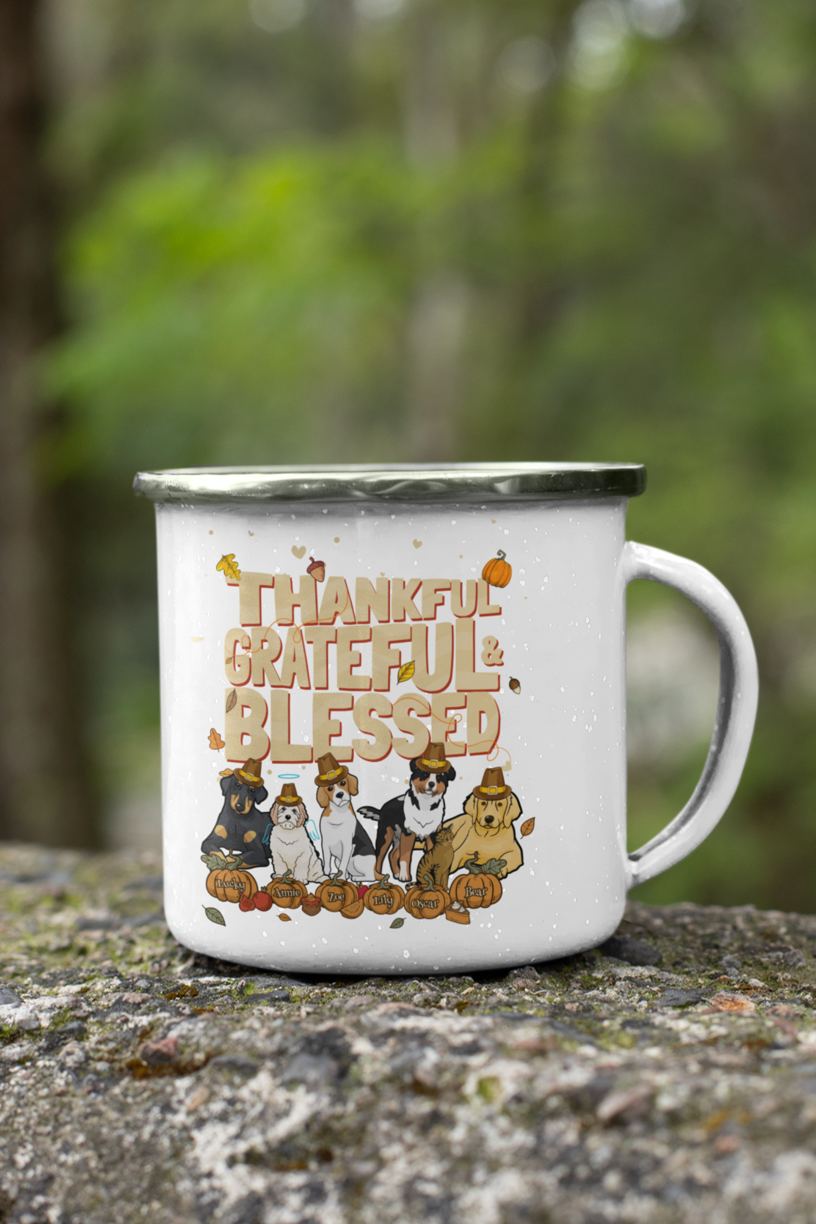 Thankful and Grateful Blessed Themed Enamel Mug for Dog Lovers