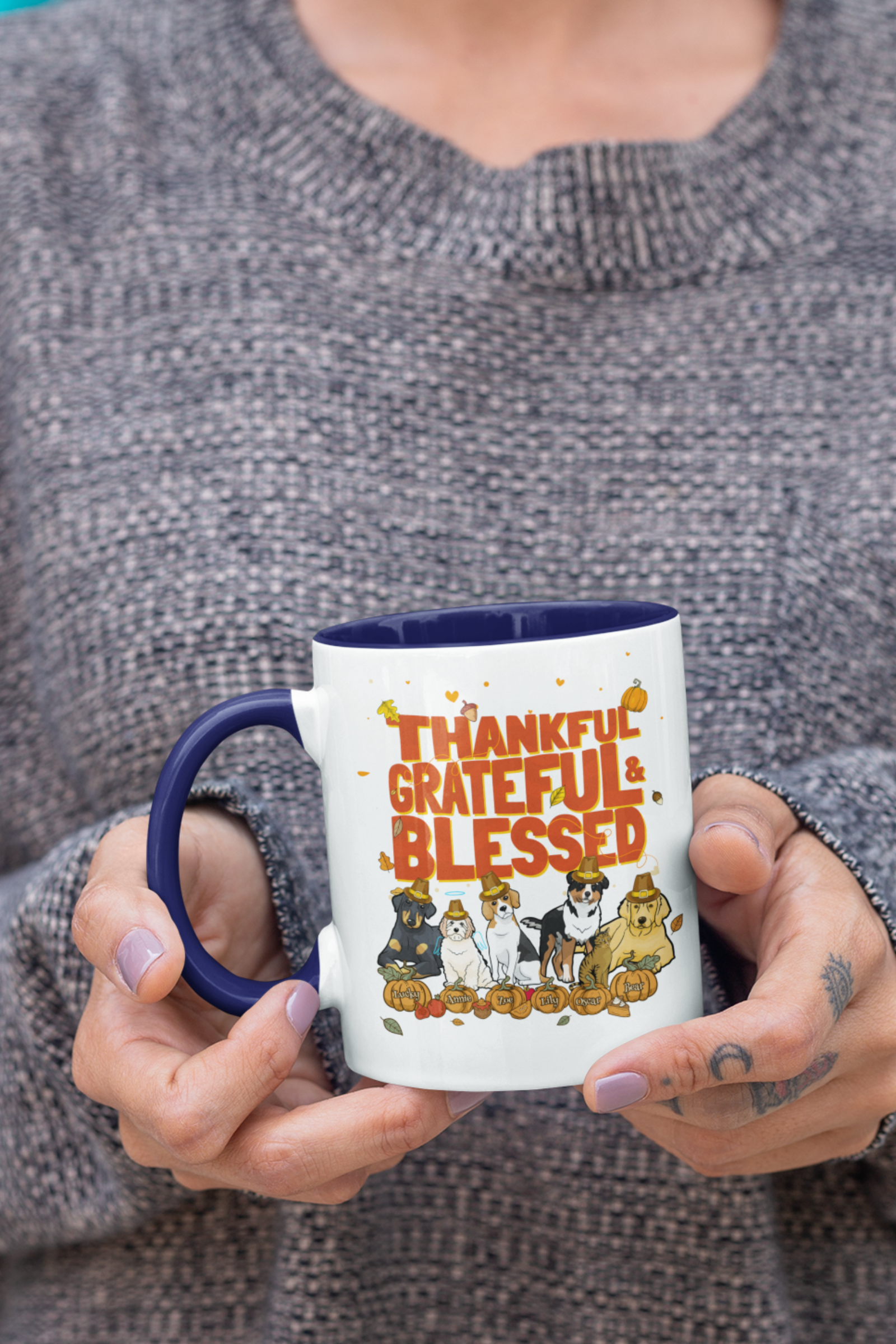 Thankful and Grateful Blessed Accent Mug with Personalized Pet Names for Pet Lovers
