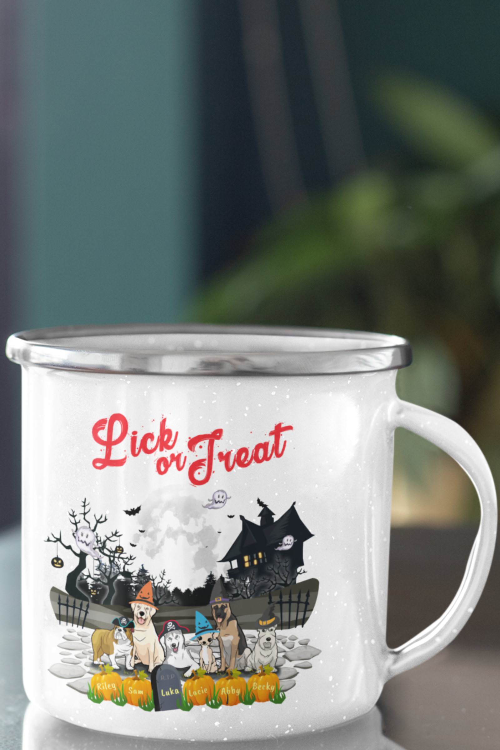 Halloween Themed " Lick Or Treat" Enamel Mug for Pet Lovers