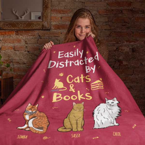 "Easily Distracted By Cats & Books " Themed Personalized Throw Blanket (Premium Sherpa)