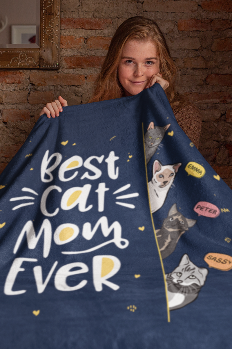 Best Cat Mom Ever Themed Personalized Throw Blanket (Premium Sherpa)