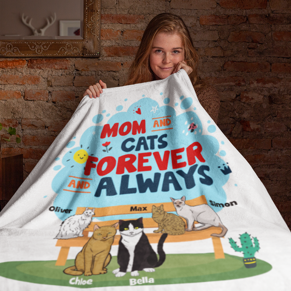 "Mom And Cats Forever And Always" Themed Personalized Throw Blanket (Premium Sherpa)