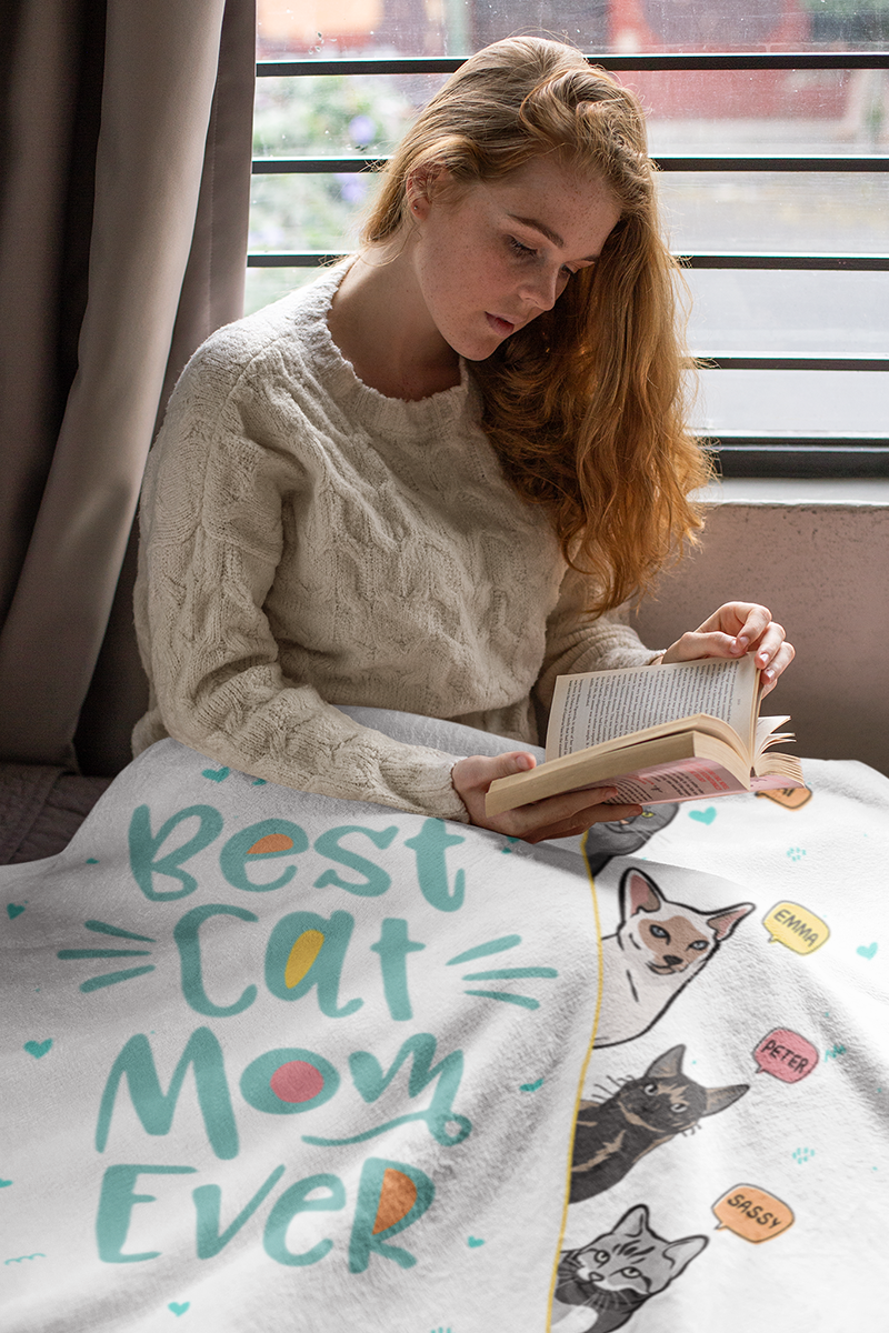 Best Cat Mom Ever Themed Personalized Throw Blanket (Premium Sherpa)