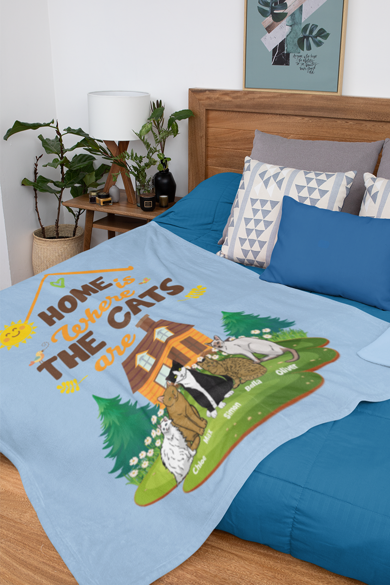 "Home Is Where The Cats Are" Themed Personalized Throw Blanket (Premium Sherpa)