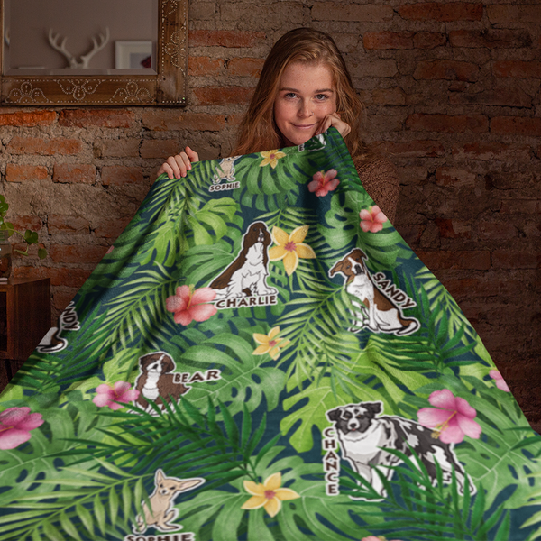 "Green Leaves & Pets" Themed Personalized Throw Blanket (Premium Sherpa)