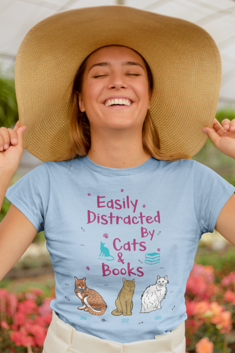 Customized Easily Distracted By Cats & Books Tee