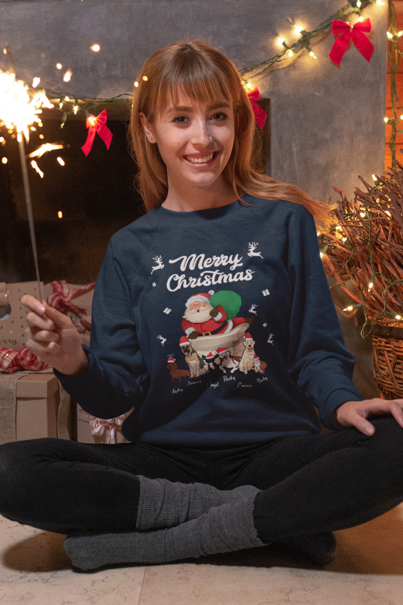 Santa Themed Customized Merry Christmas Dog Lover Sweatshirt