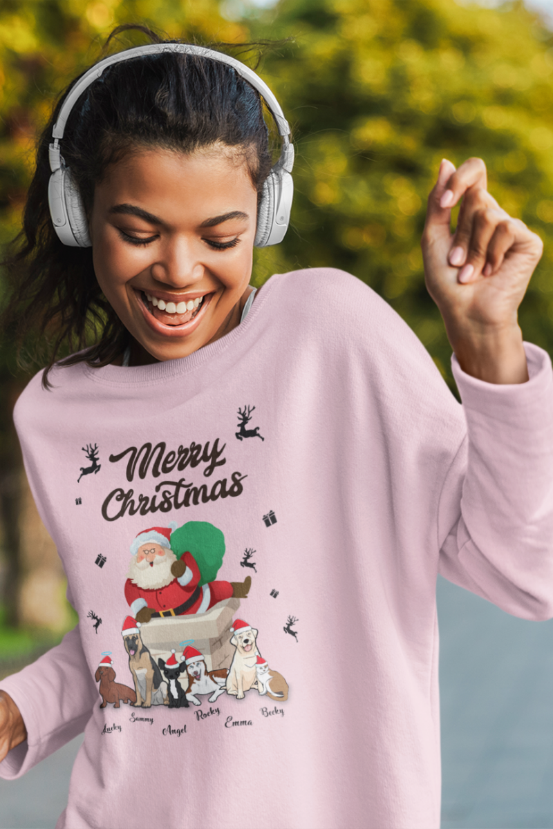 Santa Themed Customized Merry Christmas Dog Lover Sweatshirt
