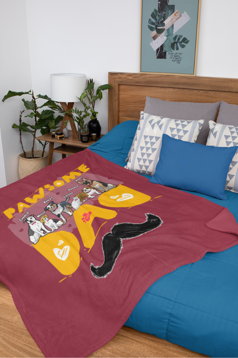 "Pawsome Dad" Themed Personalized Throw Blanket (Premium Sherpa)