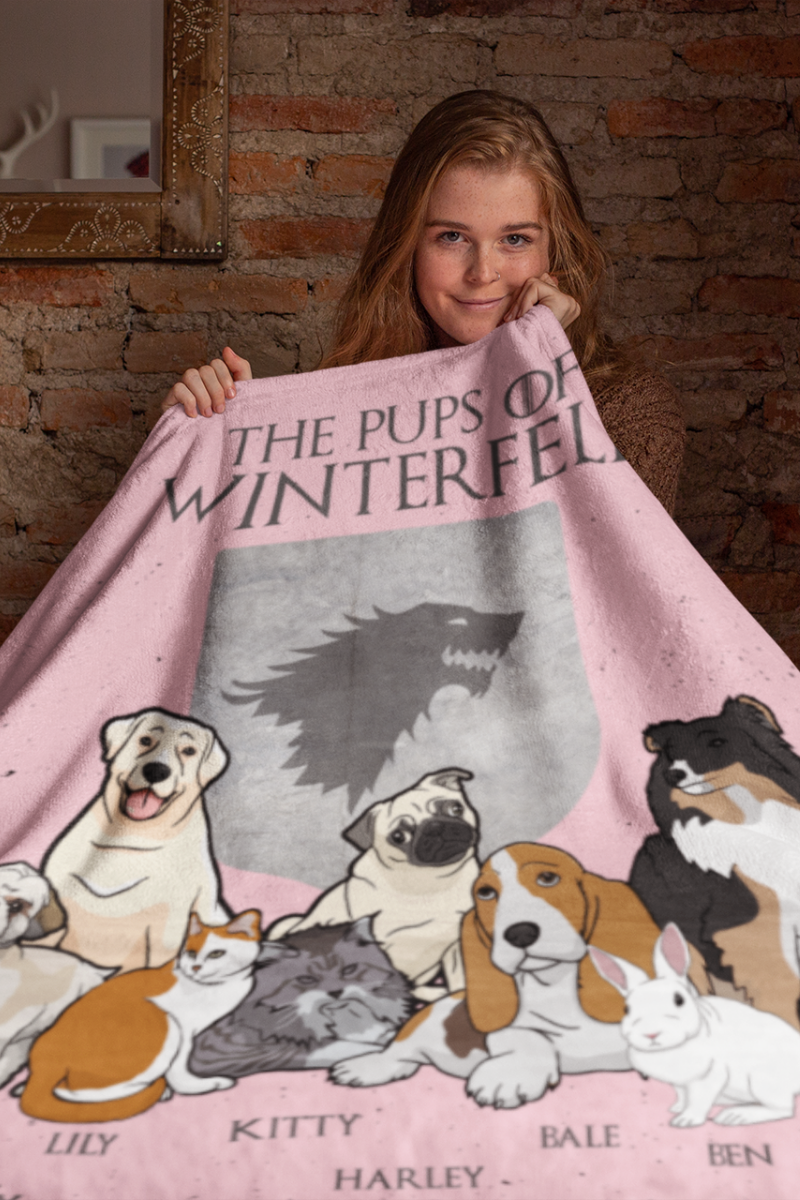 "The Pups Of Winter Fell" Personalized Throw Blanket (Premium Sherpa)