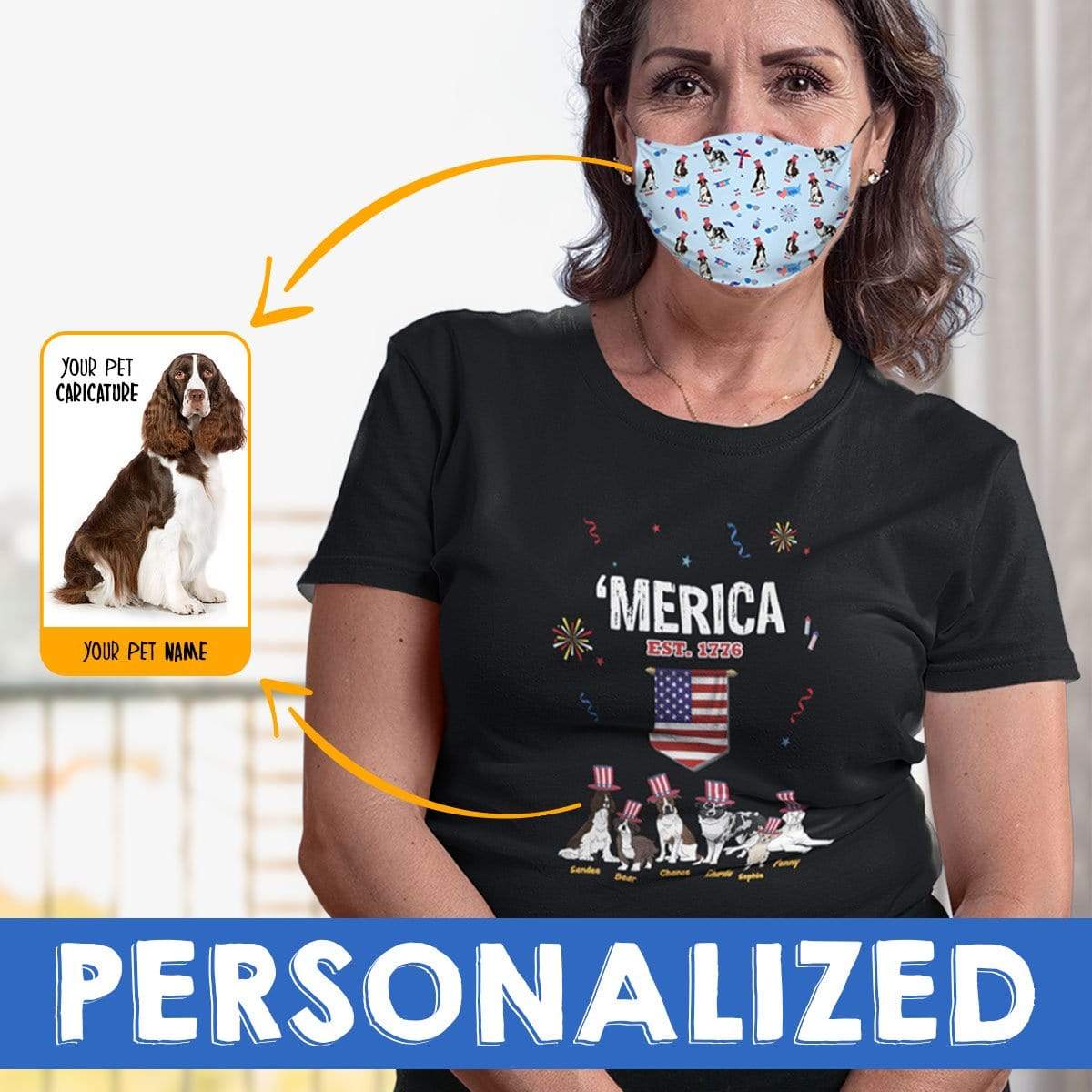 Personalized Dog Mom Gifts By Pupnpaws Cotton T-shirt T-shirt + Mask / Black / S "MERICA" Personalized Tee For Dog Lovers