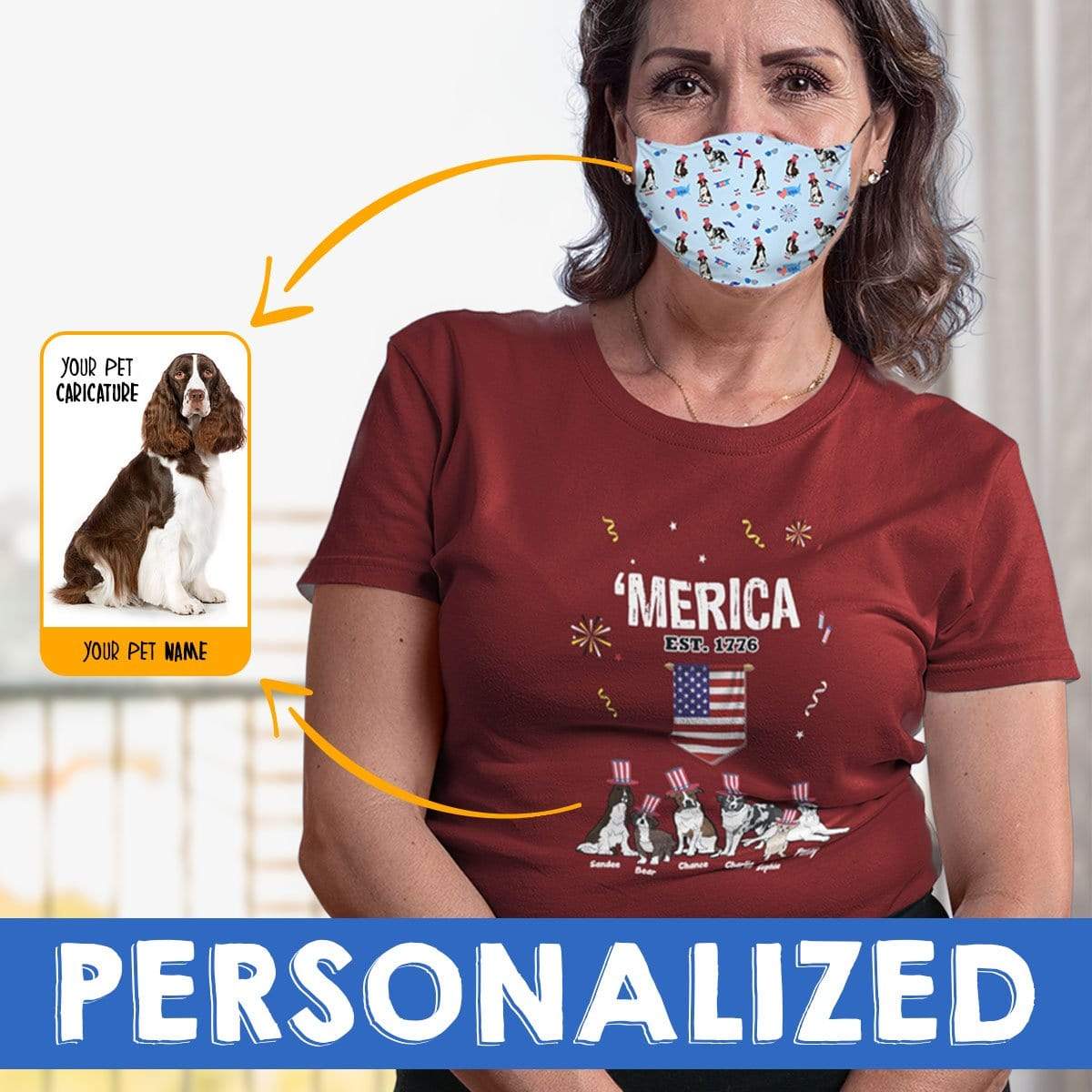Personalized Dog Mom Gifts By Pupnpaws Cotton T-shirt T-shirt + Mask / Maroon / S "MERICA" Personalized Tee For Dog Lovers