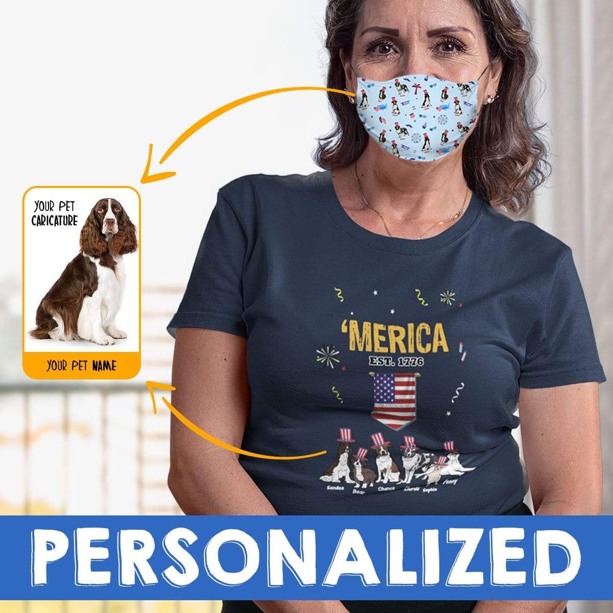 Personalized Dog Mom Gifts By Pupnpaws Cotton T-shirt T-shirt + Mask / Navy / S "MERICA" Personalized Tee For Dog Lovers