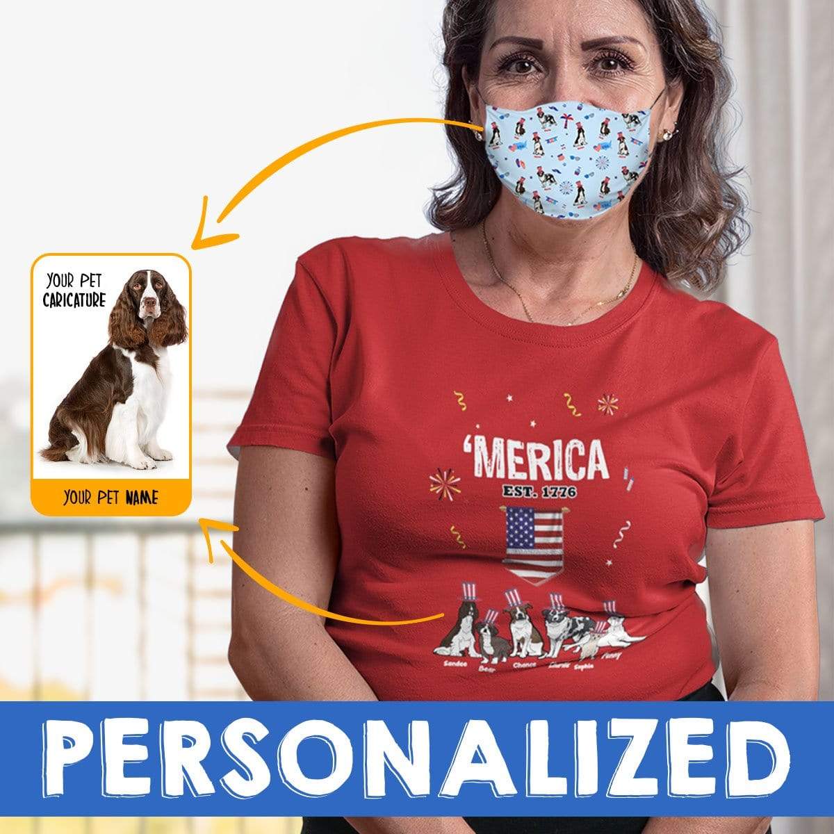 Personalized Dog Mom Gifts By Pupnpaws Cotton T-shirt T-shirt + Mask / Red / S "MERICA" Personalized Tee For Dog Lovers