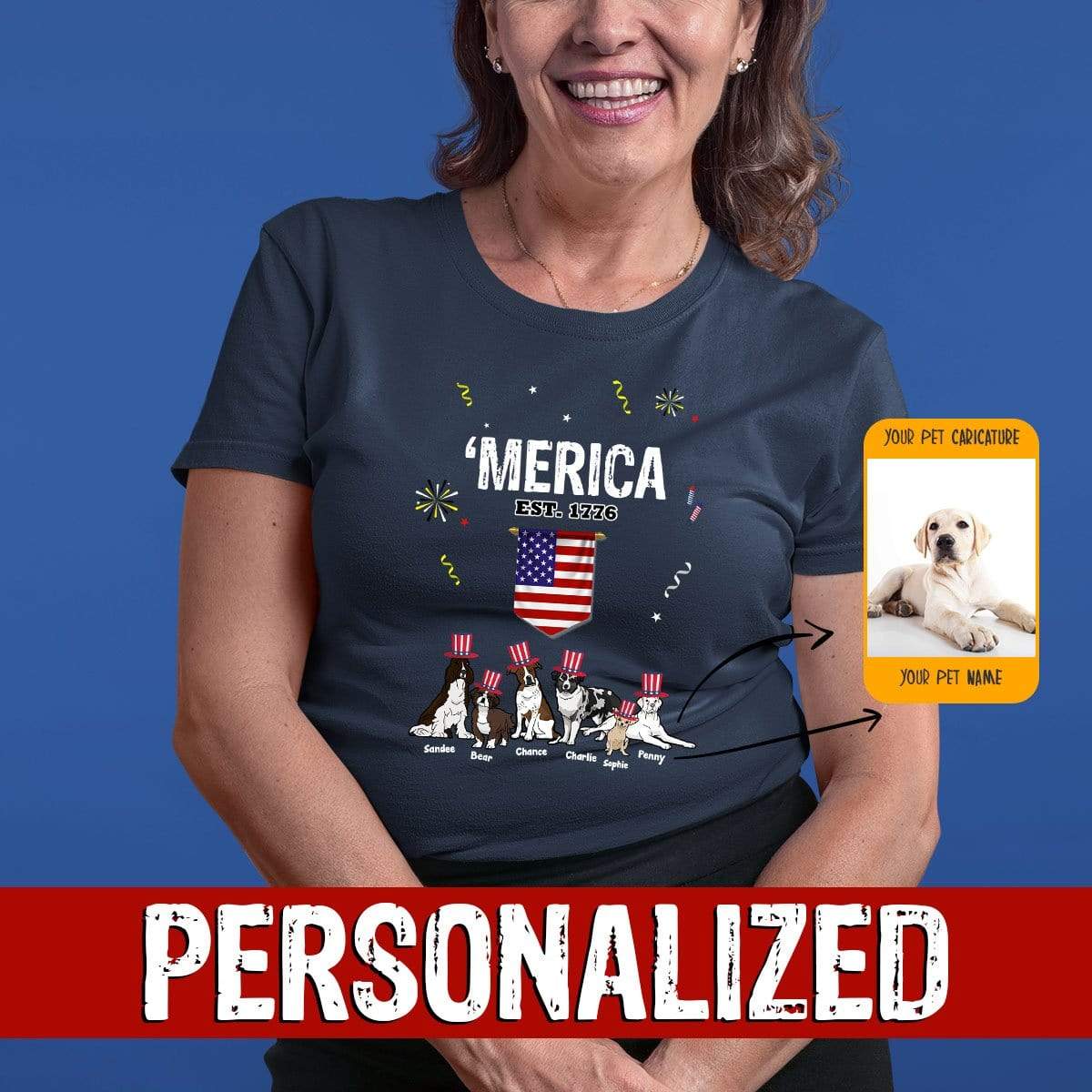Personalized Dog Mom Gifts By Pupnpaws Cotton T-shirt T-shirt / Navy / S "MERICA" Personalized Tee For Dog Lovers